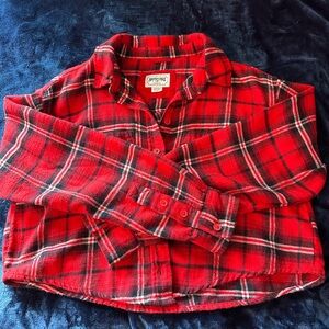 American Eagle cropped Red Plaid Flannel Shirt